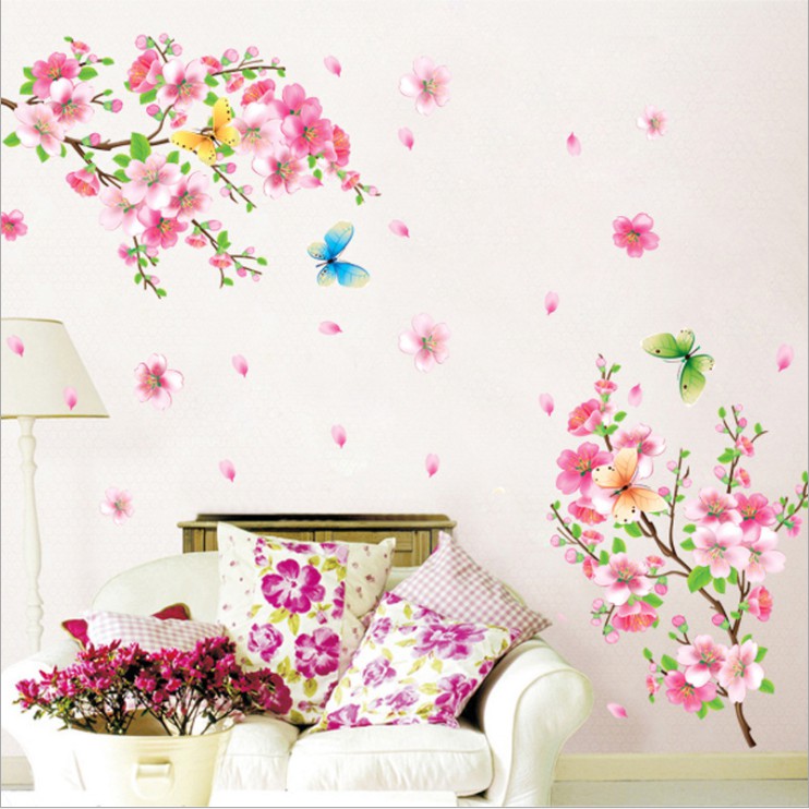 Decal dán tường trang trí - CÀNH ĐÀO HỒNG CÙNG BƯỚM XUÂN