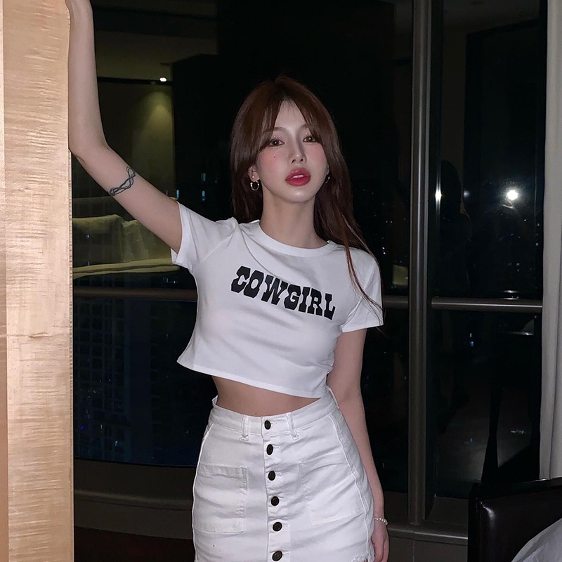 Áo croptop SUXI cổ tròn tay ngắn dáng ôm in chữ đơn giản thời trang mùa hè quyến rũ cho nữ