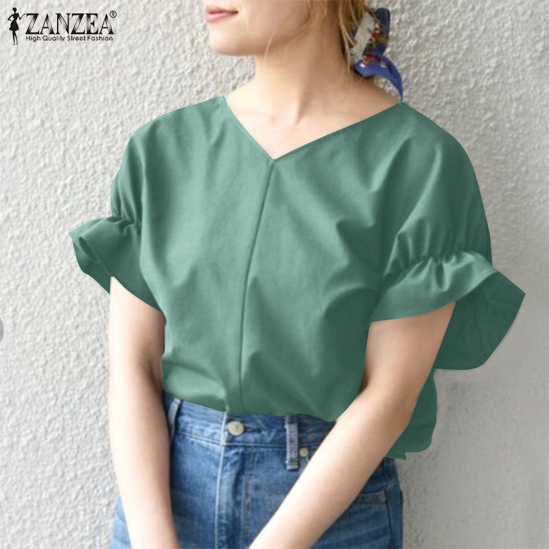 Áo kiểu ZANZEA tay ngắn cổ chữ V phối nút phong cách vintage cho nữ