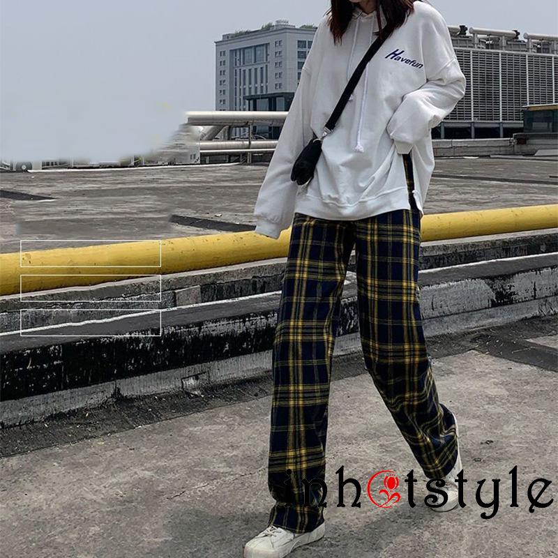 TY-Female Ninth Pants, Plaid High Elastic Waist Trousers Straight-Leg Pants for Spring Fall, S/M/L/XL/XXL/XXXL