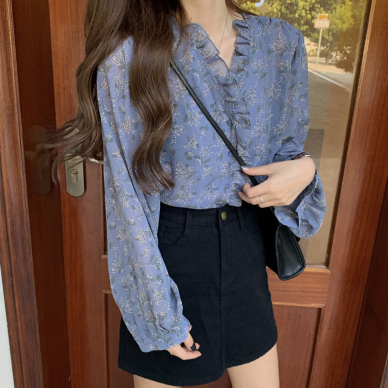 Áo kiểu chất chiffon cổ V tay dài hoạ tiết hoa thời trang thanh lịch dành cho nữ
