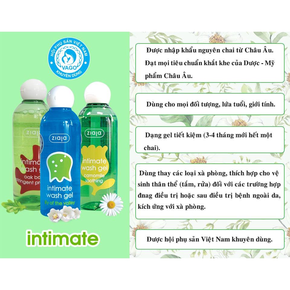 Dung dịch vệ sinh Intimate ZIAJA làm sạch, khử mùi, giảm viêm nhiễm cho da nhạy cảm 200ml