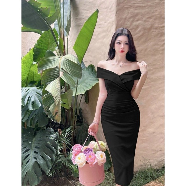 Đầm body nhún eo trễ vai