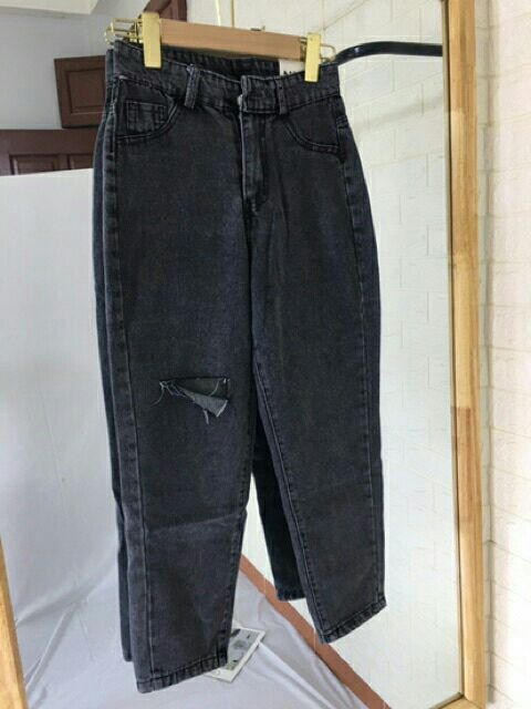 Quần baggy jean rách gối một bên cạp cao màu xám khói