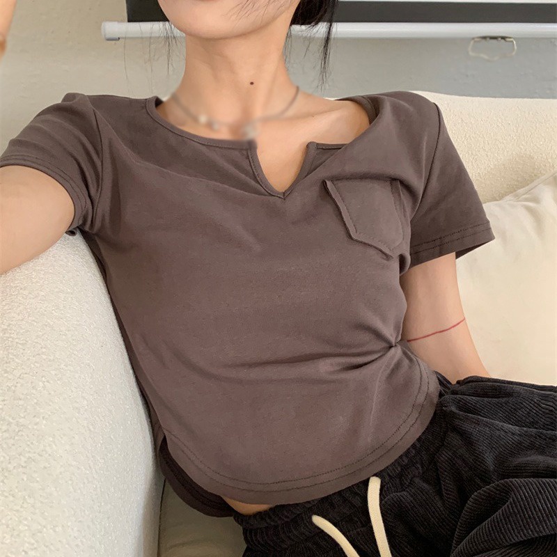 Áo Thun Tay Ngắn Cổ Chữ V Màu Sắc Đơn Giản Cho Nữ