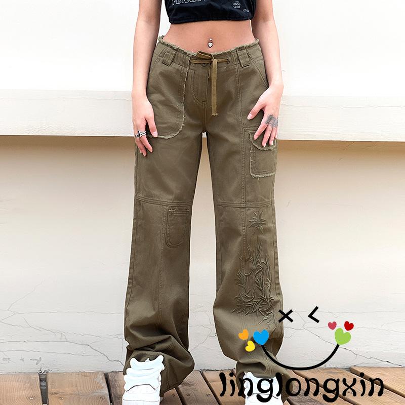 Linglongxi2-quần Dài Túi Hộp Thêu Hoa Màu Trơn Cho Nữ
