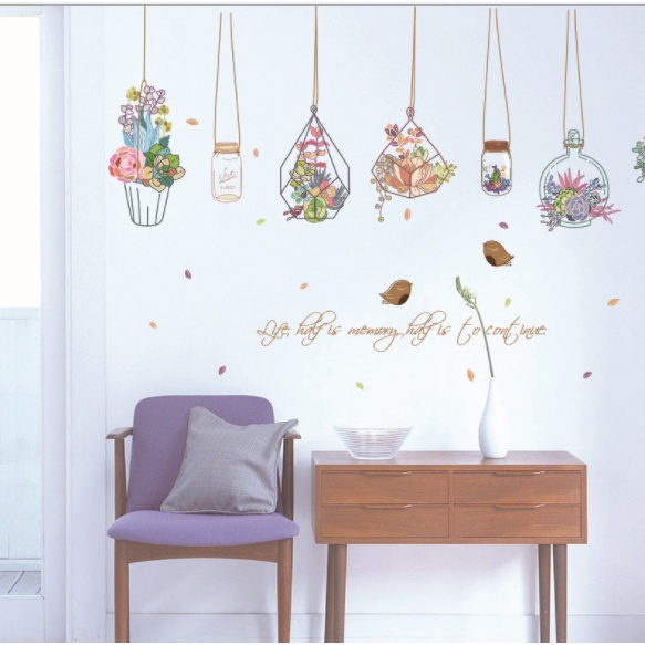 Decal dán tường giỏ hoa treo lãng mãn trang trí phòng ngủ, phòng khách, quán cà phê