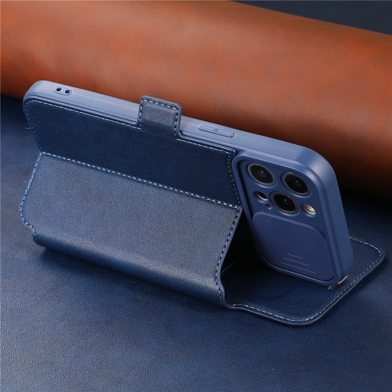 Bao Da Điện Thoại Nắp Lật Khóa Từ Tính Có Ngăn Đựng Thẻ Bảo Vệ Camera Cho IPhone 13 14Pro Max
