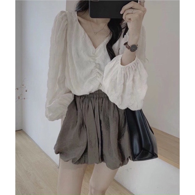 [Ảnh thật] Set áo cổ tim tay bồng mix short bo gấu ulzzang - set áo đũi xốp nhún ngực dài tay kèm quần đùi bo gấu