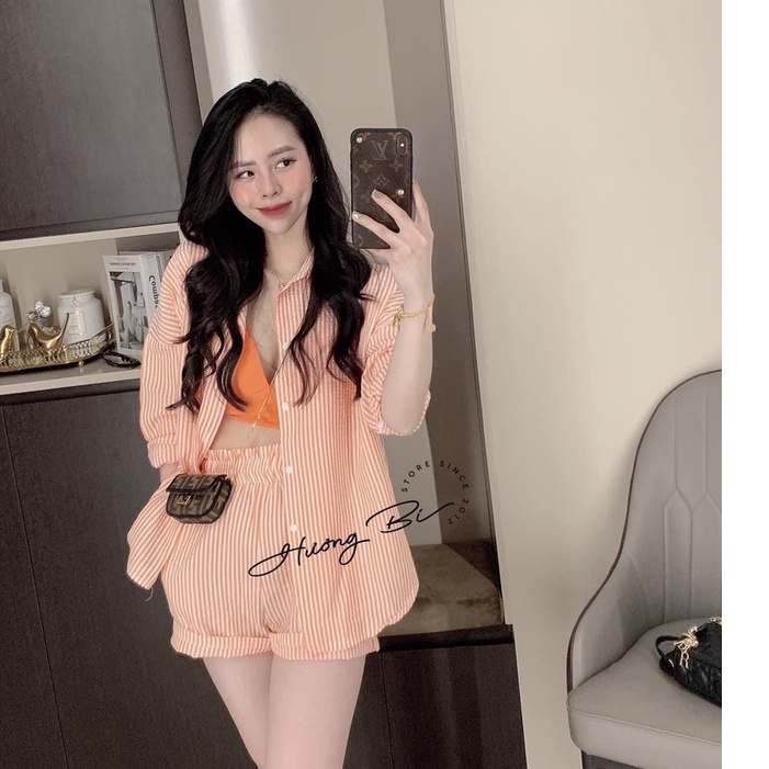 Set 3 món đi biển đũi xốp kẻ thụng áo sơ mi kèm bra mix quần short