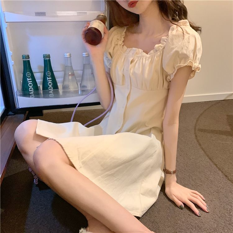 Đầm Trắng Ngắn Tay Phong Cách Retro Pháp Thanh Lịch Cho Nữ