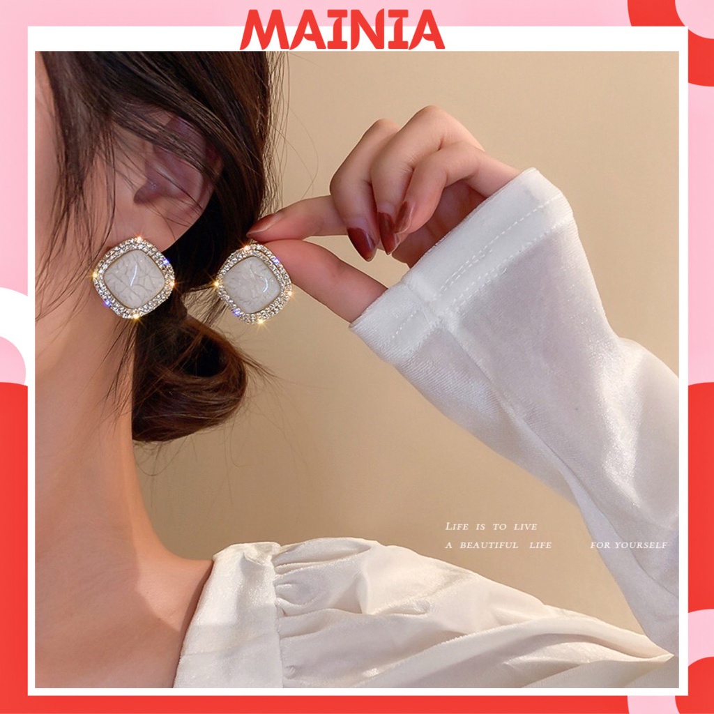 [Siêu Đẹp] Bông Tai Hình Vuông Đính Đá Viền Sang Chảnh Mainia Shop