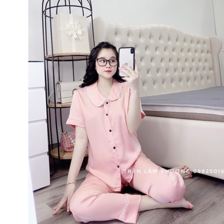 Bộ lụa Pizama tơ ngọc trai viền ren cao cấp pijama Tay ngắn quần dài [HÀNG CHUẨN ĐẸP