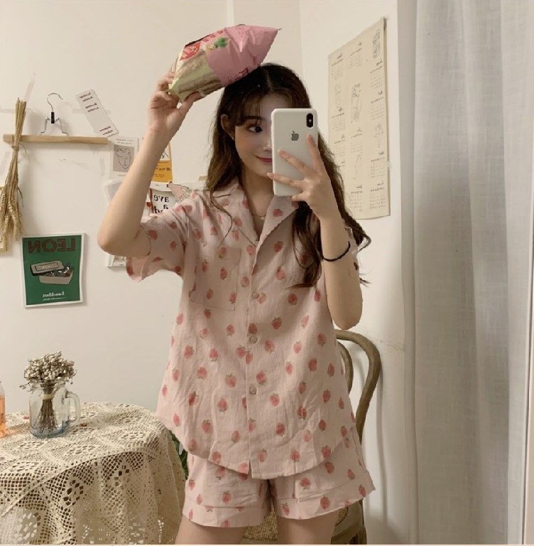 Bộ đồ ngủ ngắn tay in họa tiết dễ thương phong cách Hàn Quốc thời trang cho nữ