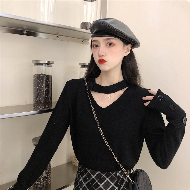 Xiaozhainv Áo len nữ tay dài cổ V dây nút phá cách phong cách Hàn