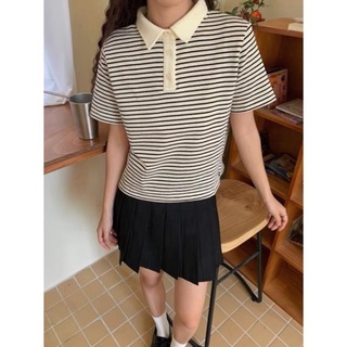 ÁO POLO NỮ KẺ CÁ SẤU CỔ TRẮNG