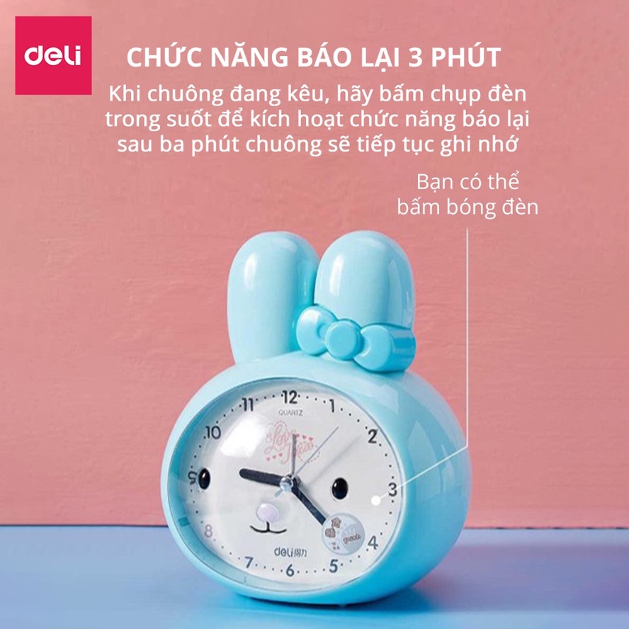 Đồng hồ báo thức để bàn hình con thỏ dễ thương Deli - tích hợp đèn ngủ, phong cách Hàn Quốc 8803 - vpp Diệp Lạc (sỉ/lẻ)