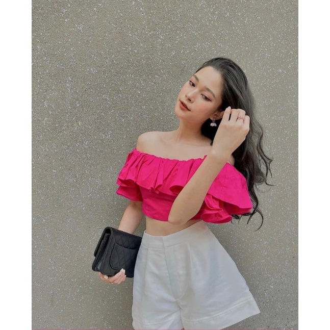 Áo croptop bẹt vai tay phồng màu hồng thiết kế cá tính độc lạ cực kỳ tôn dáng dể mix đồ