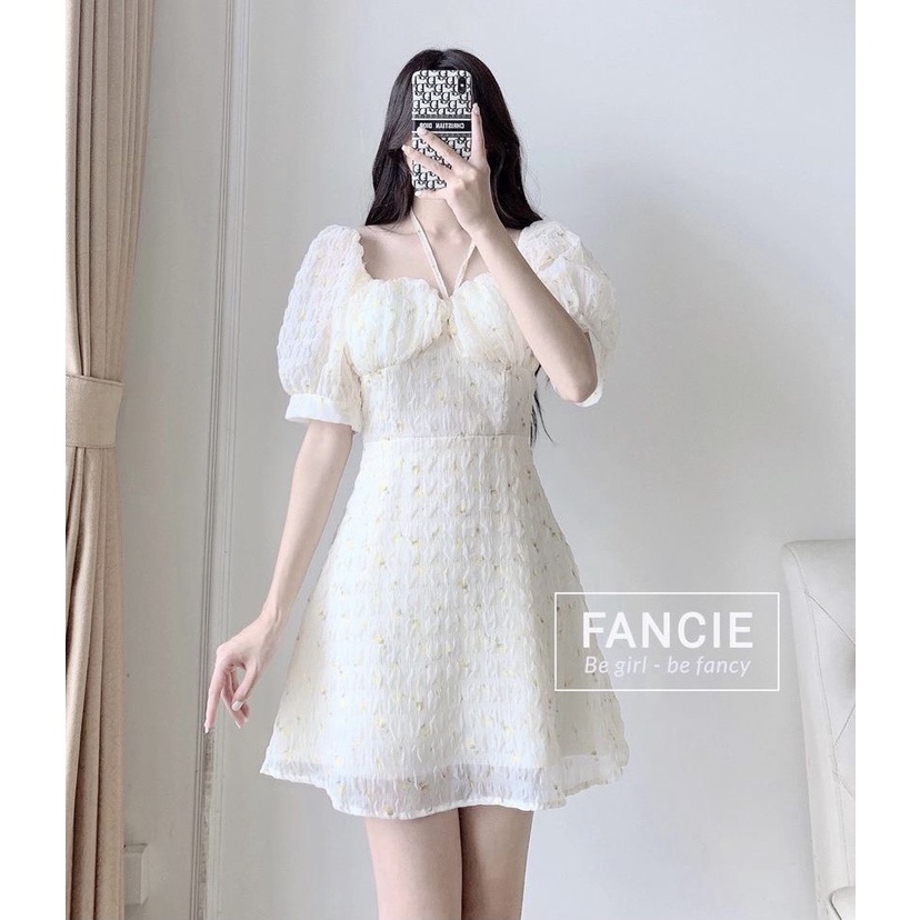 Váy hoa nhí xốp nhún mặc 3 kiểu tay bồng chuzme dáng xòe ngắn