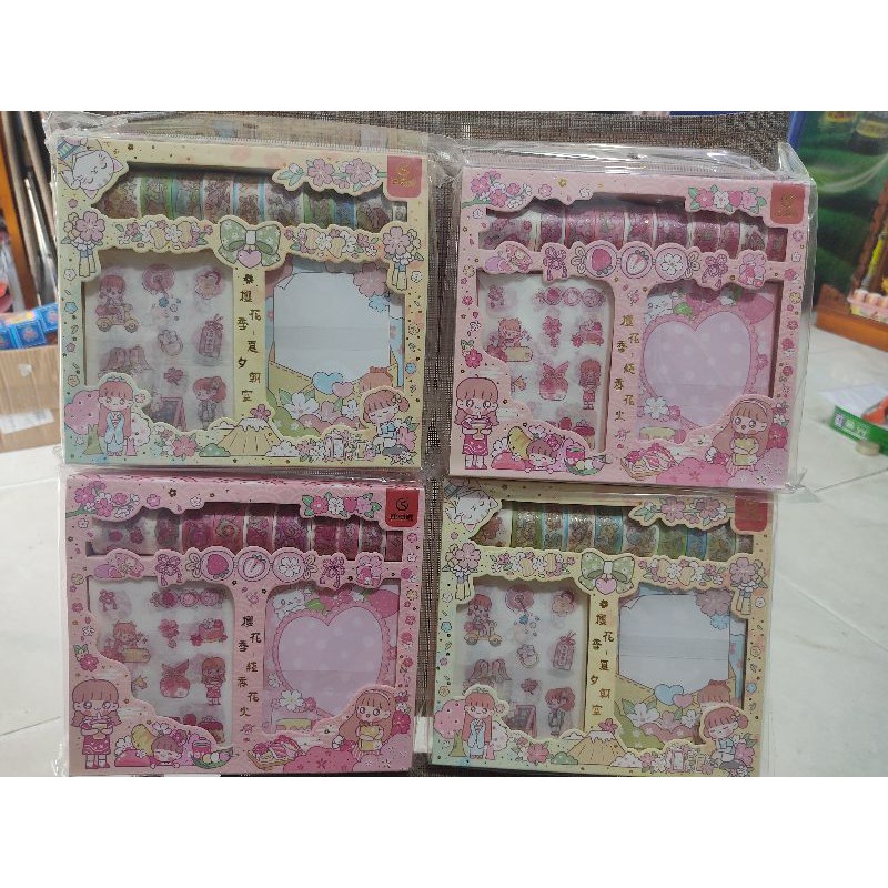 set 10 cuộn băng keo hình, hình dán, giấy ghi chú
