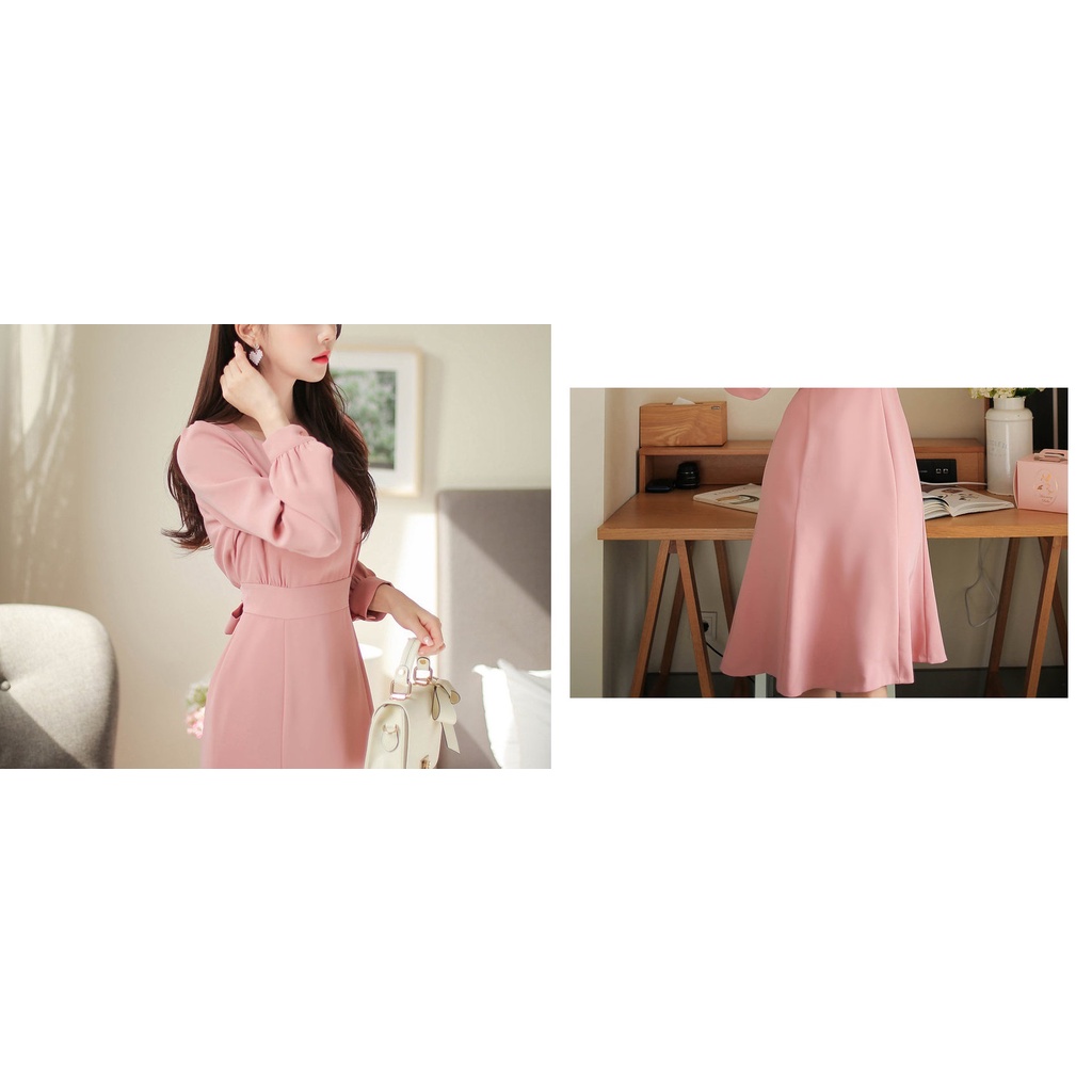 Đầm xòe công sở Quyên Fashion DL171 màu hồng cổ vuông tay phồng kiểu hàn quốc