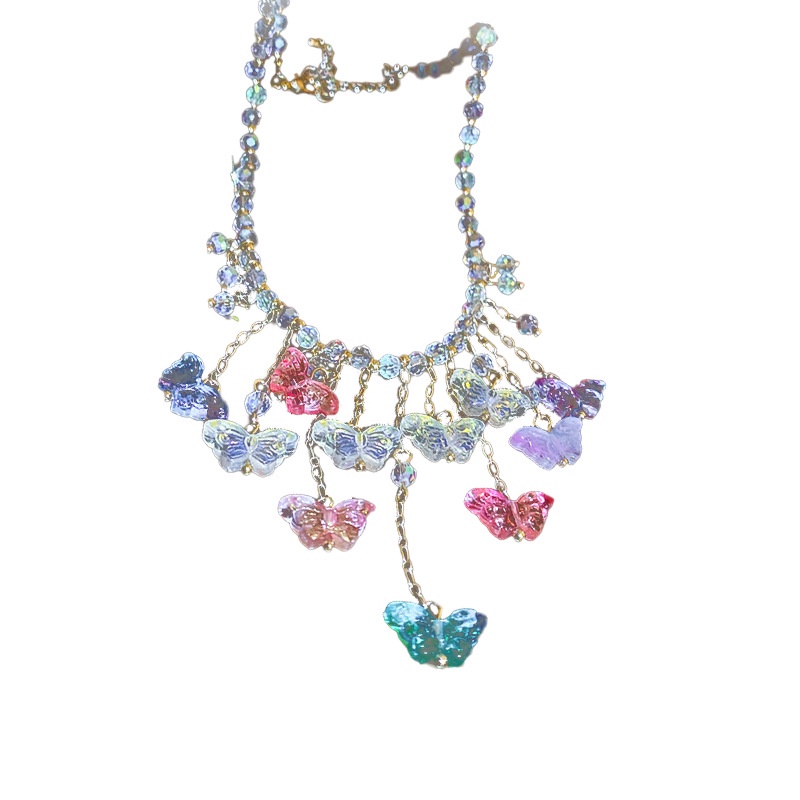 Vòng Cổ Chuỗi Hạt Pha Lê Hình Bướm Màu Sáng Thời Trang Cá Tính