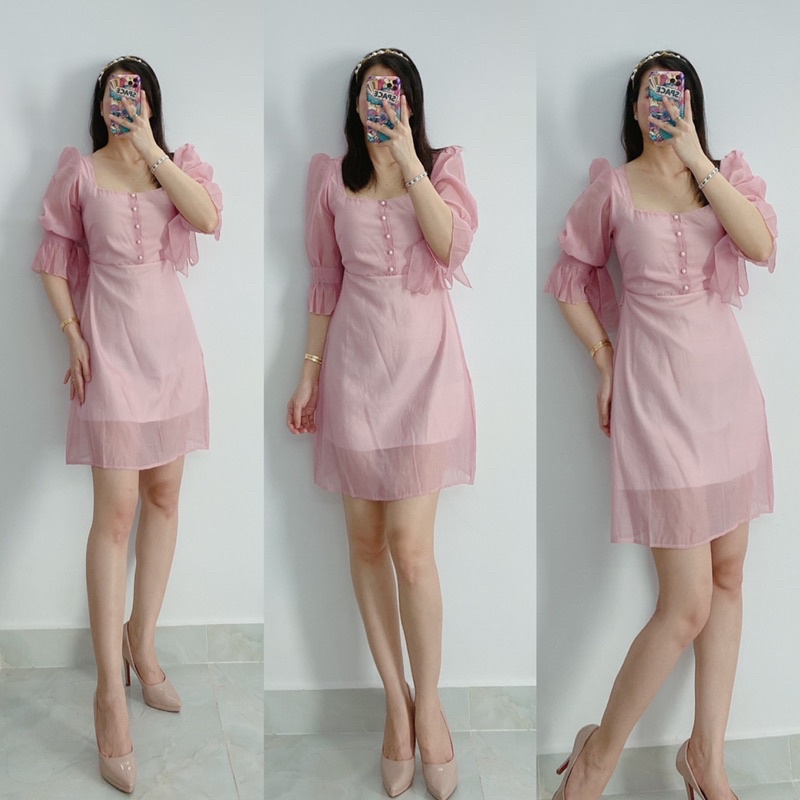 Đầm xoè cổ vuông tay lửng nơ 2 màu