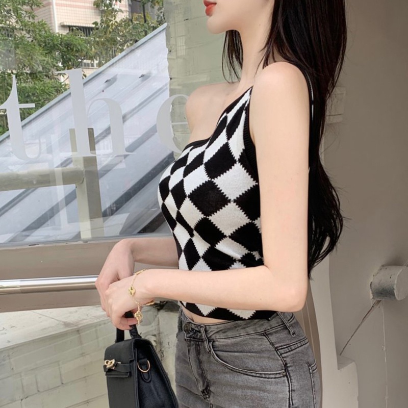Áo Croptop Dệt Kim Không Tay Lệch Vai Màu Tương Phản Thời Trang Mùa Hè Quyến Rũ Cho Nữ