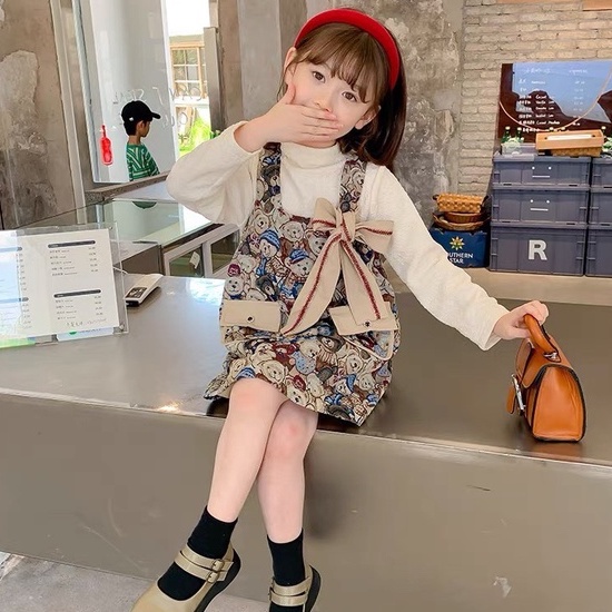 Đồ bộ bé gái, Set váy yếm dạ gấu nơ và áo dài tay cổ lọ thấp chất xốp mềm mịn dễ thương cho bé từ 7 đến 18 kg, SUN KID'S