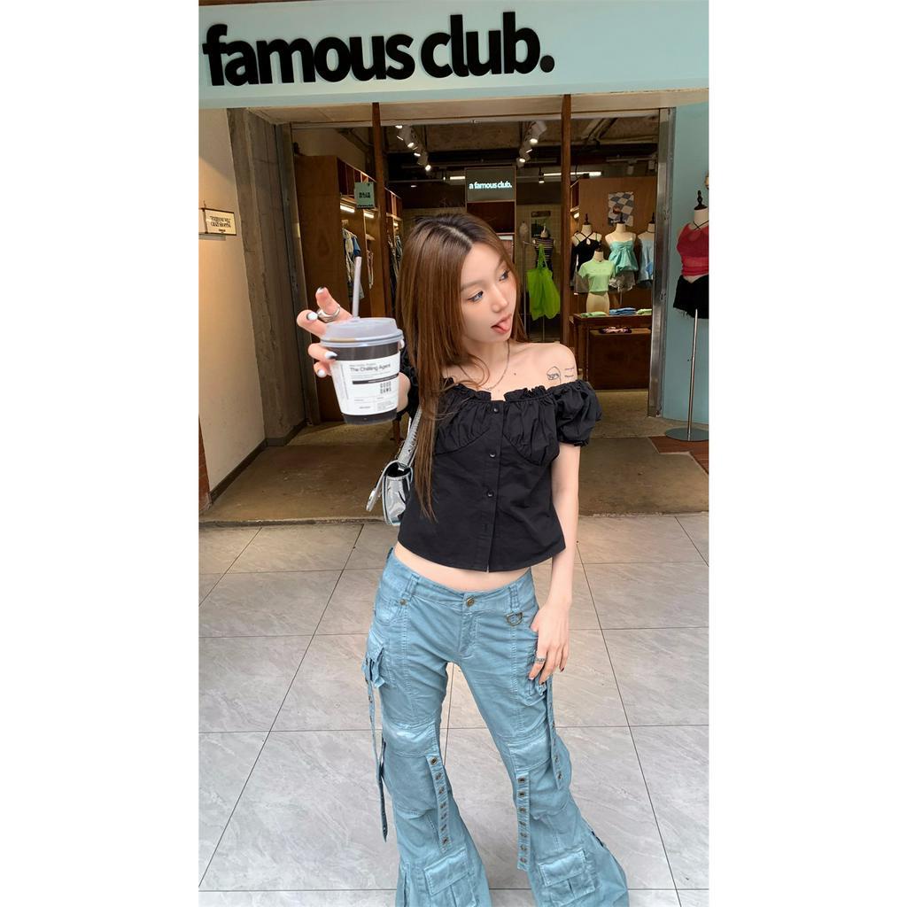 Áo Sơ Mi Ngắn Tay Phồng Ôm Eo Thời Trang Dành Cho Nữ