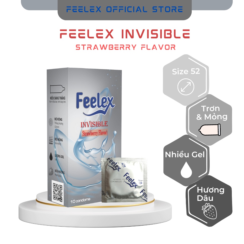Bao cao su Feelex Invisible siêu mỏng, nhiều gel, hương dâu, lạnh size 52 hộp 10c