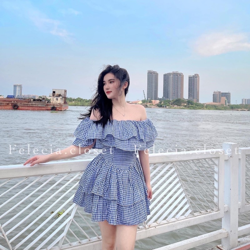 Váy Kẻ Trễ Vai Tầng Xanh Đen Hot Hit Có Ảnh Thật Kèm Video