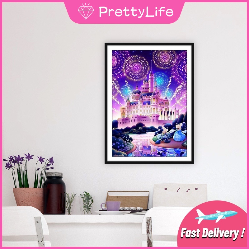 Bộ Tranh Đính Đá Diy Hình Lâu Đài / Vuông Phản Quang Kích Thước 30x40cm