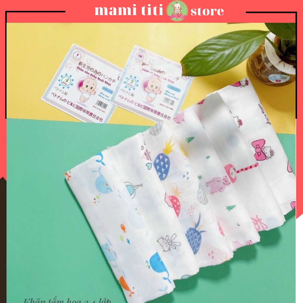Khăn tắm cho bé, khăn tắm KiBa 4 lớp hoa văn xuất Nhật