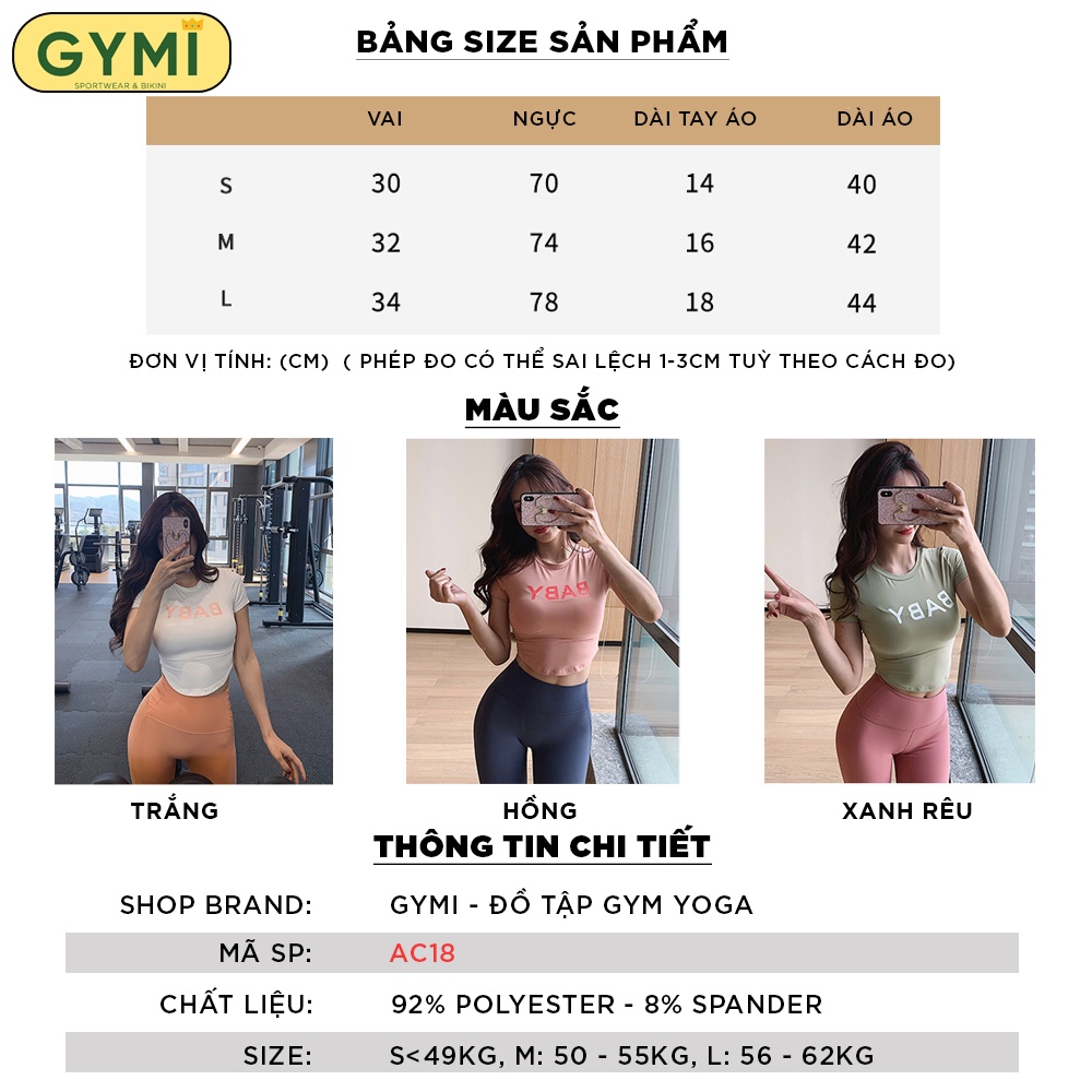 Áo tập gym yoga nữ GYMI AC18 dáng croptop cộc ngắn tay ôm body, chất liệu thun lạnh co giãn đàn hồi tập thể thao rumba