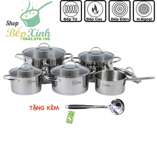 Bộ 5 nồi 304 cao cấp Fivestar Plush 5 món quai oval kiểu Silic nắp kính tặng 1 vá canh inox