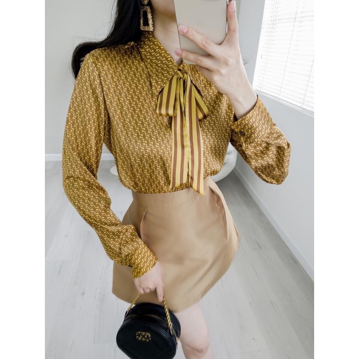 ✨BÁN SỈ✨Sơ mi lụa  vàng họa tiết kèm khăn lụa
