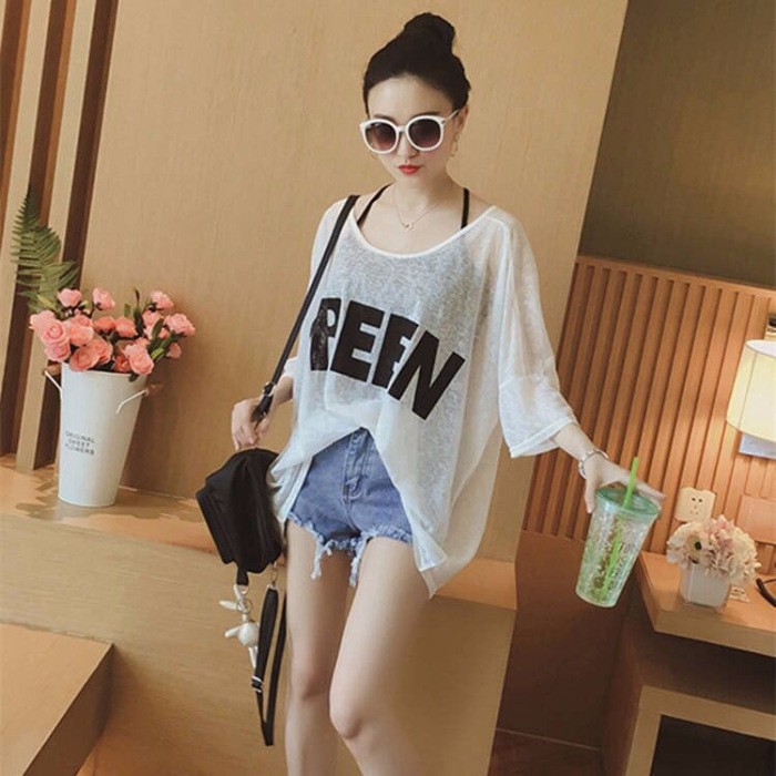 Set Áo Thun Tay Lỡ Trong Suốt Phối Áo Hai Dây In Chữ Size Lớn M-4xl Cho Nữ