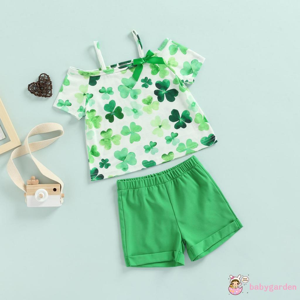 Bộ áo thun tay ngắn in hình cỏ ba lá + quần short màu xanh lá cây trơn thời trang cho bé gái 1-6 tuổi