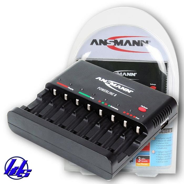 BỘ SẠC NHANH, TỰ NGẮT ANSMANN POWERLINE 8 VỚI 8 RẢNH SẠC PIN AA, AAA