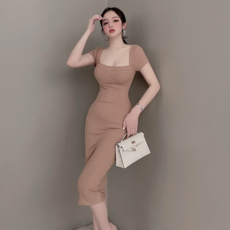 Đầm body nữ, váy body len tăm cúp ngực cách điệu cổ vuông, váy thu đông nữ - YM21 - YM STORE