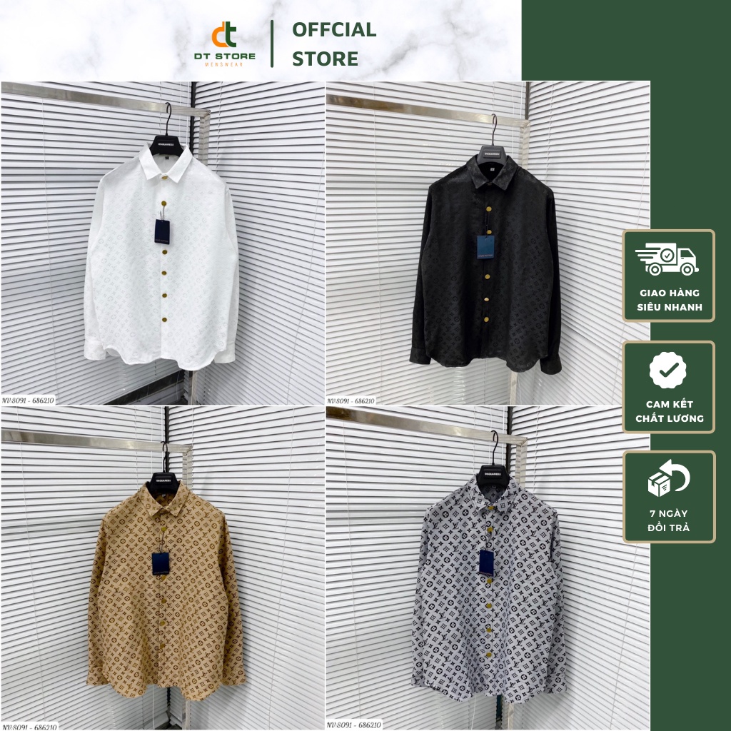 Áo Sơ Mi Nam Lv Phối Họa Tiết Dập Vân Sang Trọng Lịch Sự - Áo Sơ Mi Lv Chất Vải Thô Dành Cho Nam DT STORE MENWEAR