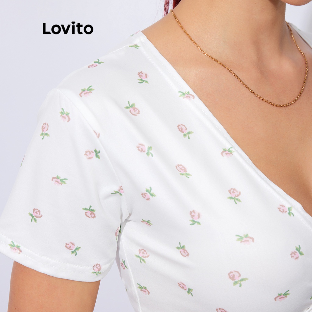 Áo thun Lovito phong cách vintage in hoa nhí cổ V khoét sâu cơ bản L18X480 (Xanh lam đậm/Trắng)