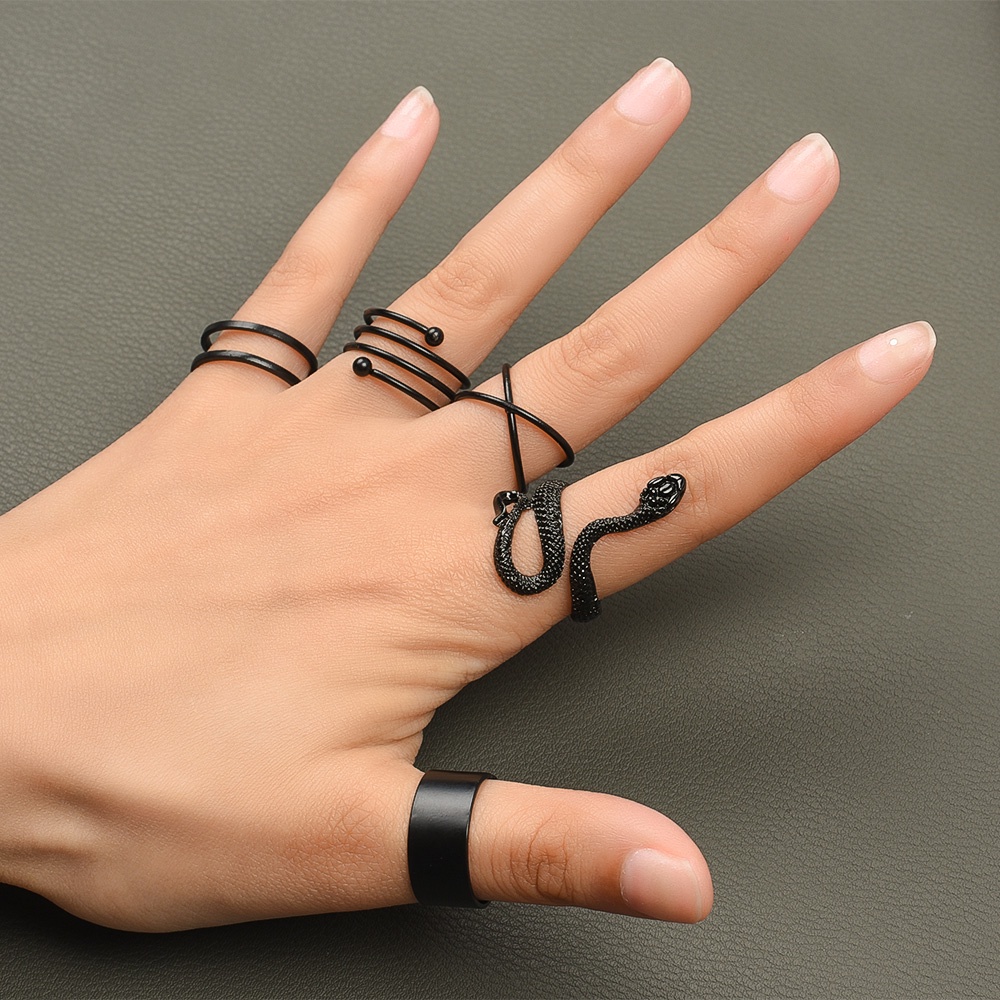 Set 5 Nhẫn Hở Hình Rắn Bằng Kim Loại Màu Đen Phong Cách Punk Đơn Giản Có Thể Điều Chỉnh