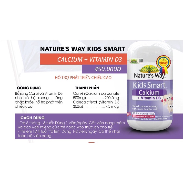 Viên bổ sung Canxi + D3 Nature's Way Kid Smart Cancium + Vitamin D3 50 viên Úc