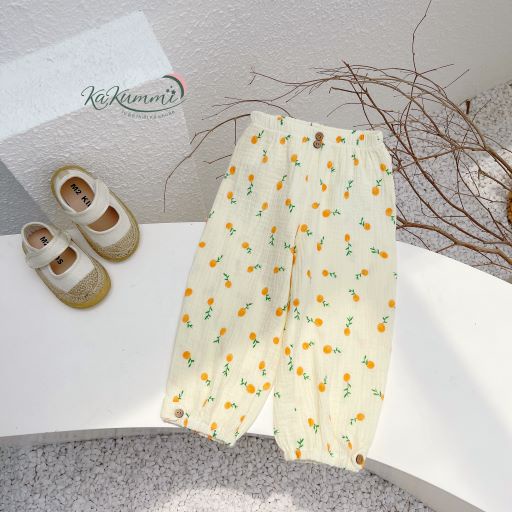 Quần bom xô muslin họa tiết cho bé, quần bom trẻ em bo chun 3QU128 Kakummi