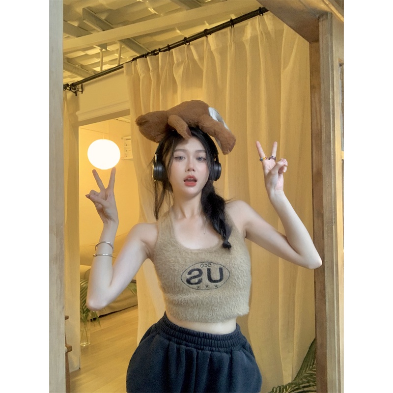 HUANG YOYO Áo croptop sát nách hoạ tiết thêu thiết kế hợp thời trang cá tính cho nữ