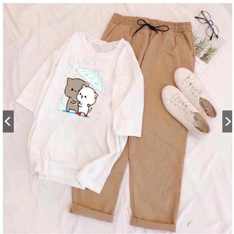 Set ÁO ĐÔI MÈO ĐỨNG CHE Ô KÈM QUẦN KAKI SIÊU XINH - Tại Ly Ly Shop