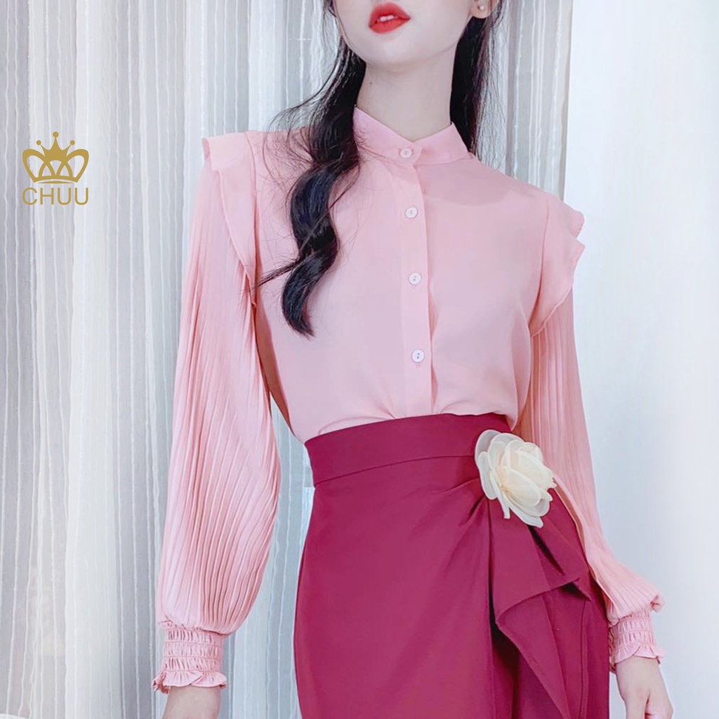 Áo sơ mi nữ xếp li tay dài cổ trụ công sở CHUU A6843