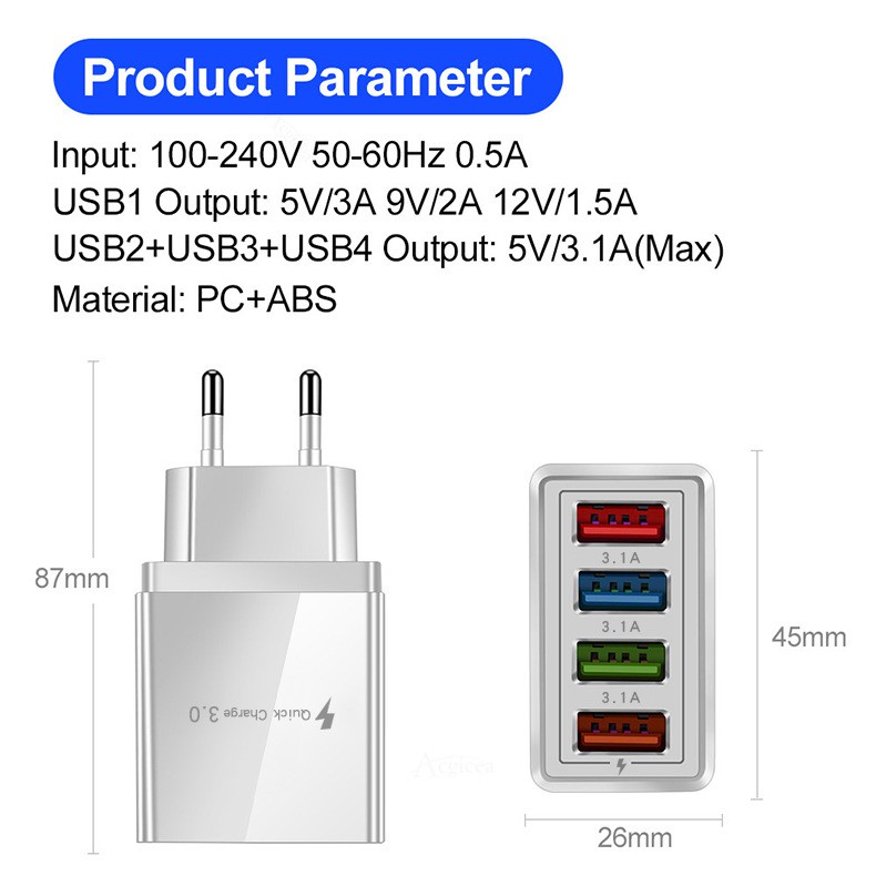 Cốc Sạc Nhanh 4 Cổng USB 3.0 Tiện Dụng Chất Lượng Cao